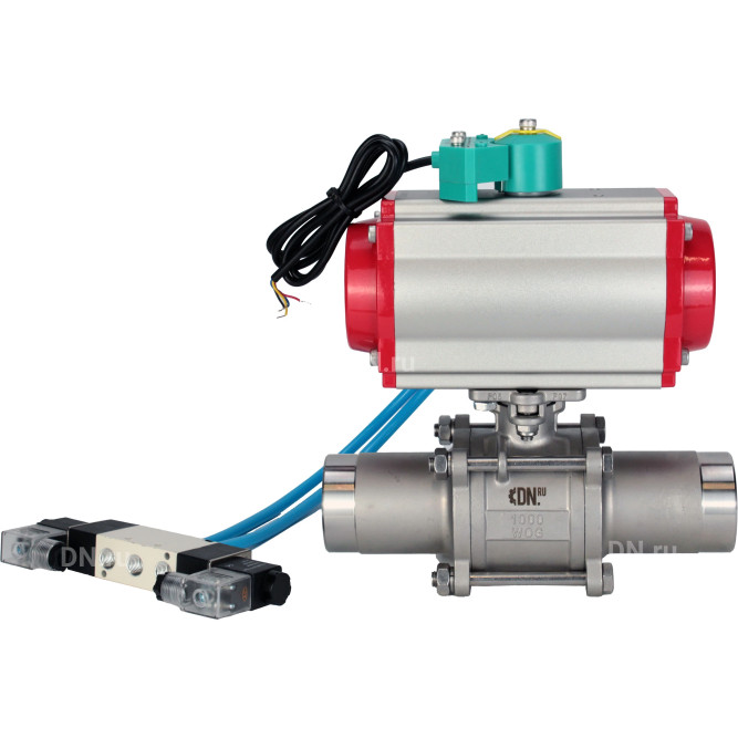 Кран шаровой BV3131P(3pc)-FP-W-ISO-H LONG Ду40 Ру40 полнопроходной, корпус - нержавеющая сталь 304, уплотнение - PTFE, под приварку, с пневмоприводом PA-DA-065, пневмораспределителем 4V320-10 AC220V и магнитным переключателем ALS200D