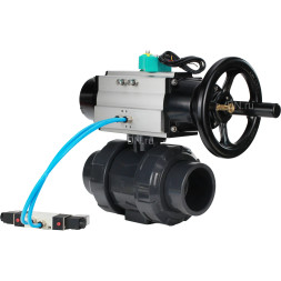 Кран шаровой BV4242E-FP-GRM-ISO Дн15 Ру10 полнопроходной, корпус - НПВХ, шар - НПВХ, уплотнение - EPDM, с пневмоприводом PA-DA-105-1, пневмораспределителем 4V320-10 AC220V и магнитным переключателем ALS200D