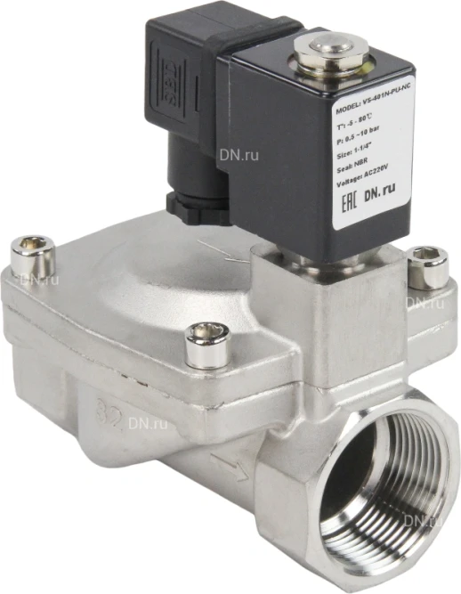 Клапан электромагнитный VS431-VT-NC-24VAC 1 1/4″ Ду32 Ру16 пилотного действия двухходовой, корпус - сталь нержавеющая 304, присоединение - внутренняя резьба, уплотнение - VITON, нормально-закрытый, катушка - 24В AC