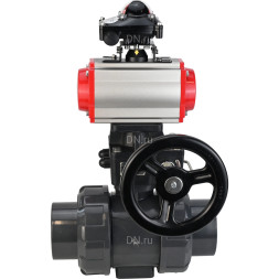 Кран шаровой BV4242E-FP-GRM-ISO Дн40 Ру10 полнопроходной, корпус - НПВХ, шар - НПВХ, уплотнение - EPDM, с пневмоприводом PA-DA-052, пневмораспределителем 4M310-08 AC220V, ручным дублером MON1-250-T26-ISO и БКВ APL-210N
