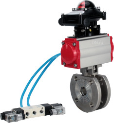 Кран шаровой BV3232P-FP-Fb-ISO-H Ду25 Ру16, полнопроходной межфланцевый, нержавеющая сталь SS316, уплотнение - PTFE, с пневмоприводом PA-DA-052 двойного действия, с пневмораспределителем 4V320-10 AC220V, с БКВ APL-210N