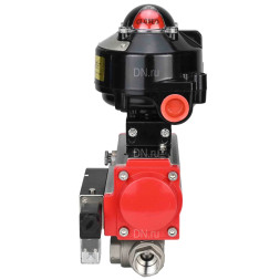 Кран шаровой BV3232P(4pc)-SP-3WL-T-ISO-H 3/4″ Ду20 Ру63 стандартнопроходной трехходовой L-тип, нержавеющая сталь SS316, внутренняя резьба, уплотнение - PTFE, с пн.приводом PA-DA-052 пн.распределителем 4M310-08 AC220V и БКВ APL-510N-EX