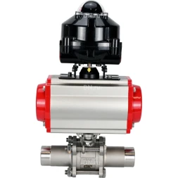 Кран шаровой BV3131P(3pc)-FP-W-ISO-H LONG Ду15 Ру63 полнопроходной, корпус - нержавеющая сталь 304, уплотнение - PTFE, под приварку, с пневмоприводом PA-DA-052, пневмораспределителем 4M310-08 DC24V и БКВ APL-510N EX