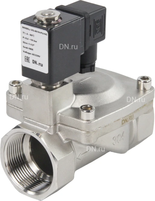 Клапан электромагнитный VS431-VT-NC-24VAC 1 1/2″ Ду40 Ру16 пилотного действия двухходовой, корпус - сталь нержавеющая 304, присоединение - внутренняя резьба, уплотнение - VITON, нормально-закрытый, катушка - 24В AC
