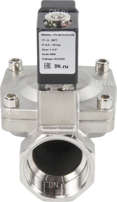 Клапан электромагнитный VS431-VT-NC-24VAC 1 1/2″ Ду40 Ру16 пилотного действия двухходовой, корпус - сталь нержавеющая 304, присоединение - внутренняя резьба, уплотнение - VITON, нормально-закрытый, катушка - 24В AC
