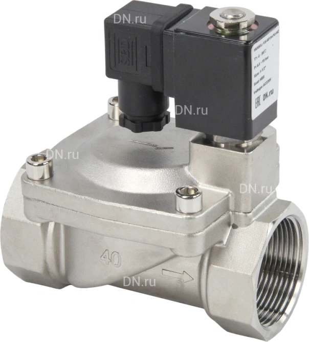 Клапан электромагнитный VS431-VT-NC-24VAC 1 1/2″ Ду40 Ру16 пилотного действия двухходовой, корпус - сталь нержавеющая 304, присоединение - внутренняя резьба, уплотнение - VITON, нормально-закрытый, катушка - 24В AC