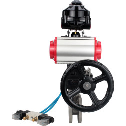 Кран шаровой BV3232P-FP-Fb-ISO-H Ду32 Ру16 межфланцевый, полнопроходной, корпус - нерж.сталь SS316, уплотнение - PTFE, с пн.приводом PA-DA-052 пн.распределителем 4V320-10 AC220V редуктором MON1-250-T26-ISO БКВ APL-510N-EX