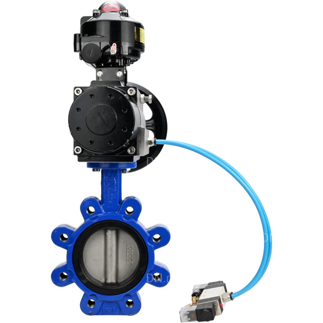Затвор дисковый поворотный WBV1631N-2W-Fb-H Ду125 Ру16 LUG корпус - чугун QT450, диск - нержавеющая сталь 304, уплотнение - NBR, с пневмоприводом PA-DA-105-1, пневмораспределителем 4V320-08 AC220V и БКВ APL-510N EX