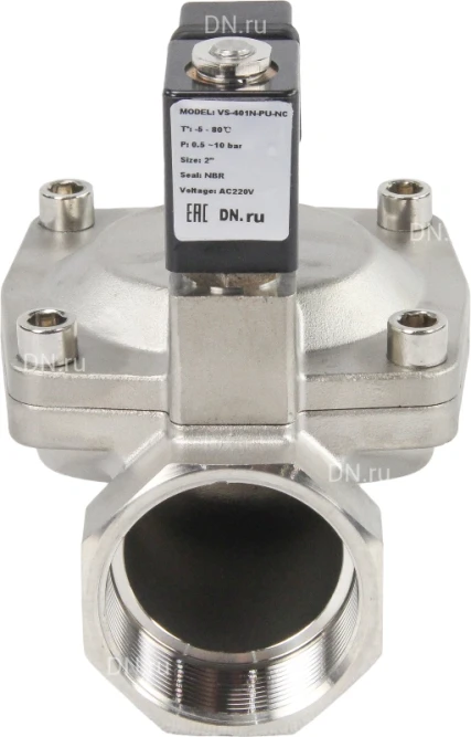 Клапан электромагнитный VS431-VT-NC-24VAC 2″ Ду50 Ру16 пилотного действия двухходовой, корпус - сталь нержавеющая 304, присоединение - внутренняя резьба, уплотнение - VITON, нормально-закрытый, катушка - 24В AC
